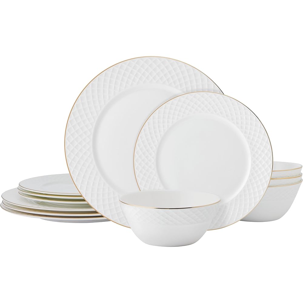 | Mikasa Trellis Gold Rim Bone China Lightweight Chip Resistant 12 Piece Dinnerware Set, Service for 4: Dinnerware Sets