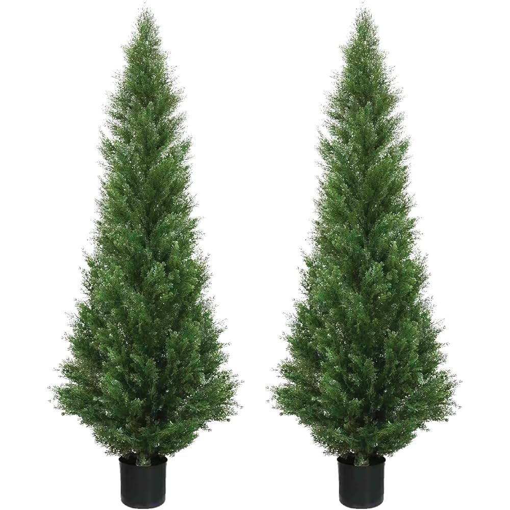 Two 5 Foot Outdoor Artificial Cedar Topiary Trees Potted Plants Two Peace Construction : Home & Kitchen