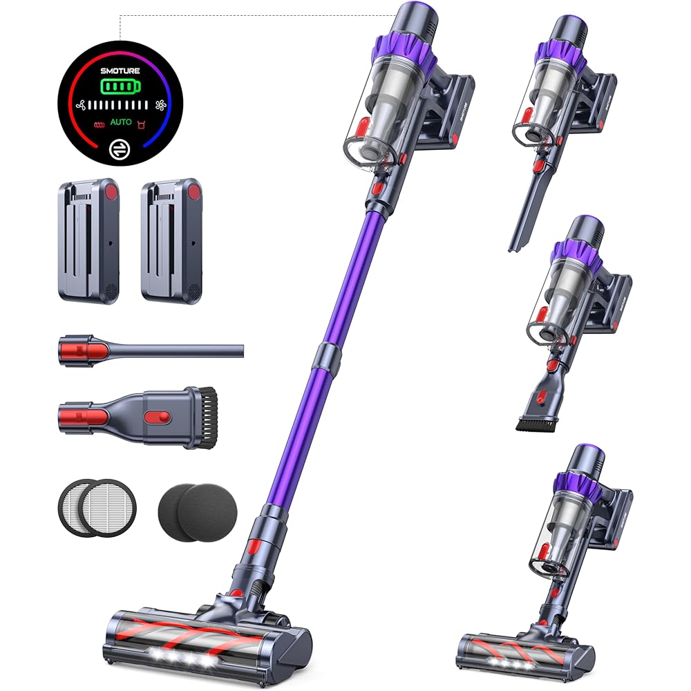 - Cordless Vacuum Cleaner, 2 Batteries 110 Mins Runtime Vacuum Cleaners for Home, 40KPA 450W Stick Vacuum with Brushless Motor, Automatically Adjust Suction, Handheld Vacuum for Pet Hair/Carpet/Floor