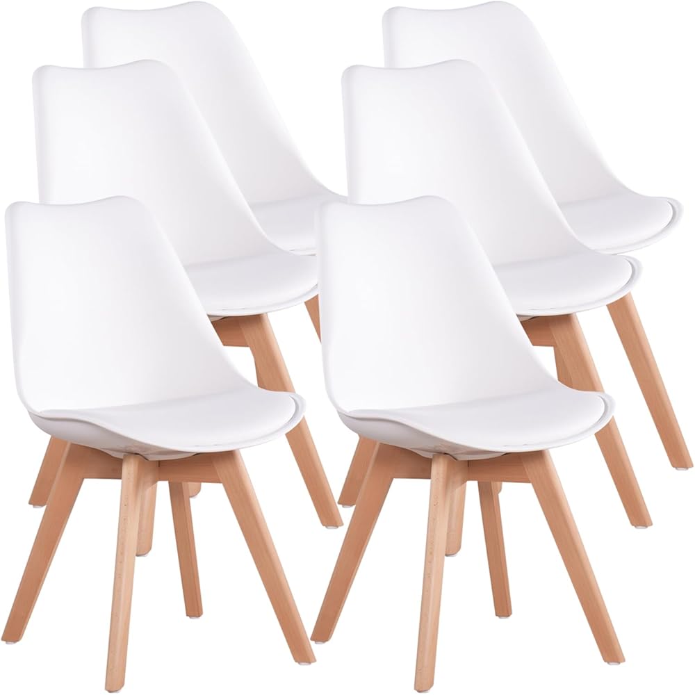 - FurnitureR Dining Chairs Set of 6, Side Chairs Upholstered Armless Mid-Back Faux Leather Cushioned for Dining Room Kitchen Living Room, Soft Padded Seats & Solid Wood Legs, White - Chairs