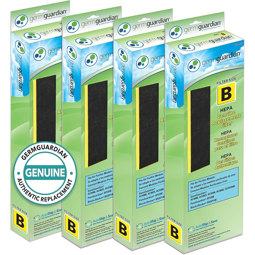 GermGuardian Filter B HEPA Pure Genuine Air Purifier Filter, Removes 99.97% of Pollutants, Wildfire Smoke, Odors, for AC4825, AC4300, AC4900, AC4825, AC4850, CDAP4500, 4-Pack, Black/Yellow,FLT48254PK : Automotive