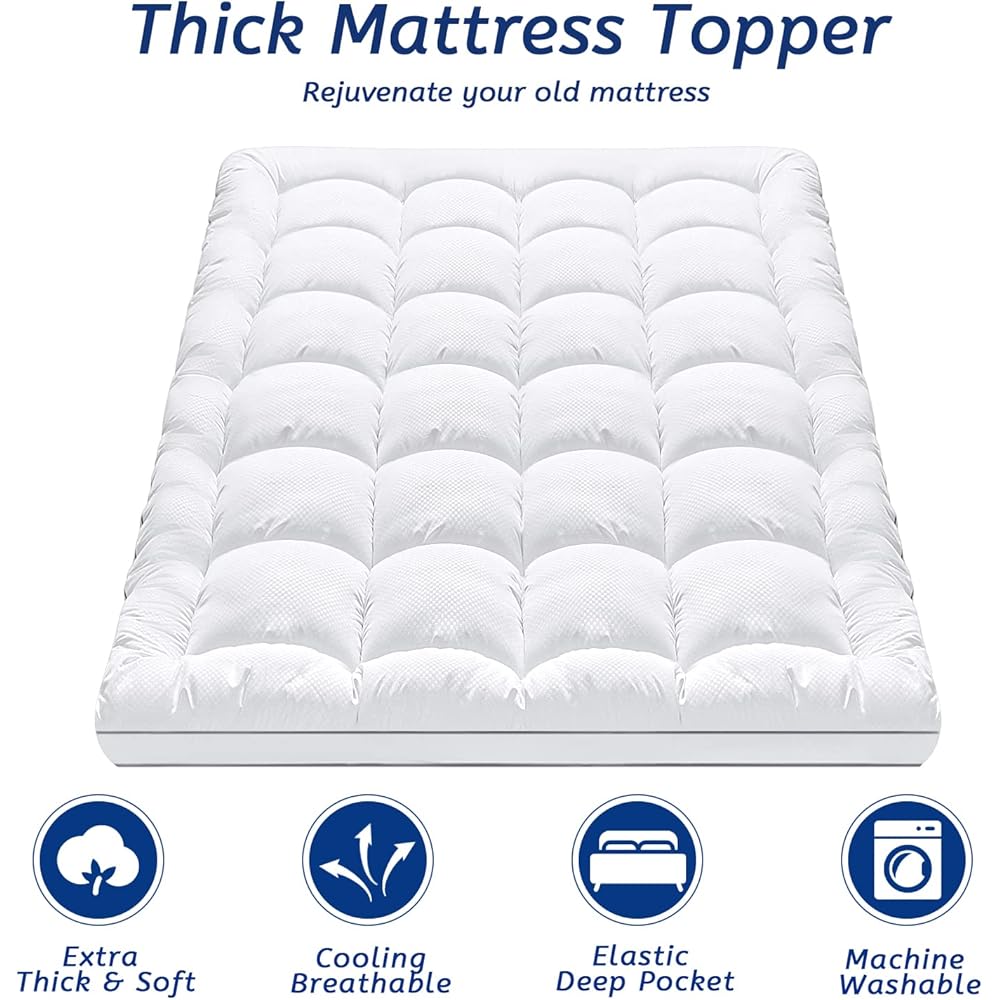 Twin XL Mattress Topper for Back Pain, Cooling Extra Thick Mattress Pad Cover with 8-21 inch Deep Pocket, Plush Pillow Top Mattress Topper Overfilled with Down Alternative, Twin Extra Long, White : Home & Kitchen