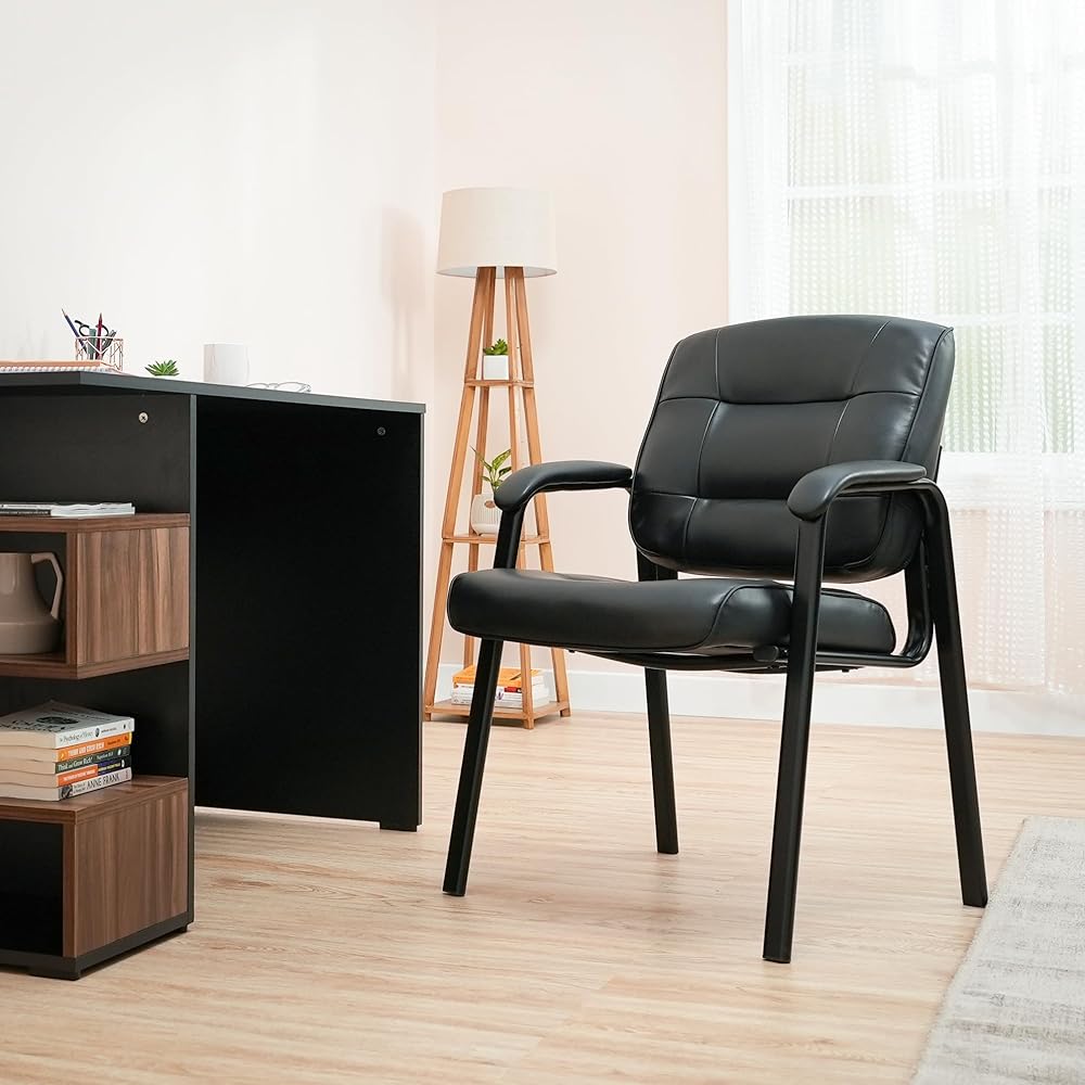 Amazon Basics Classic Faux Leather Office Desk Guest Chair with Metal Frame, Black, 27.4D x 23.6W x 35.8H in : Office Products