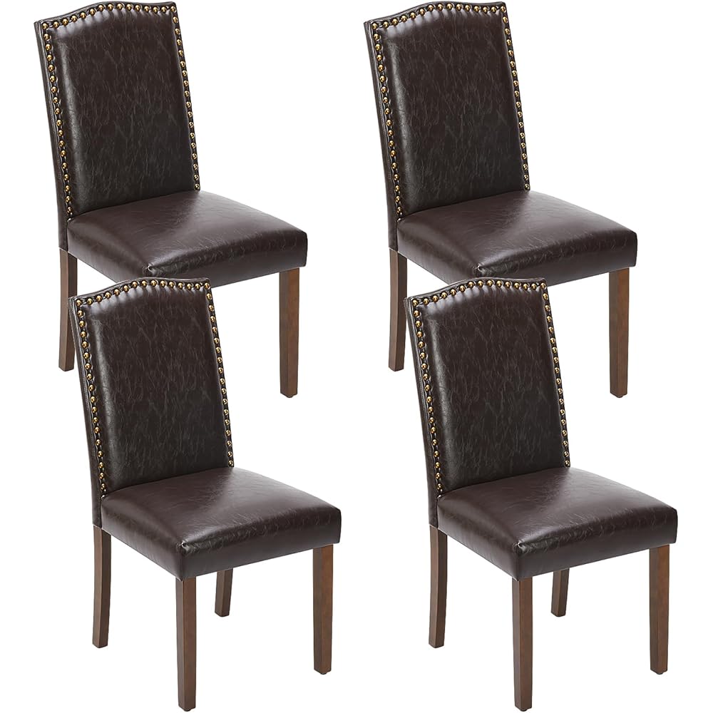 - Sweetcrispy Dining Chairs Set of 4, Upholstered Leather Kitchen Room Chairs Mid Century Modern High-End Dining Room Side Chairs with Nailhead Trim and Wood Legs for Bedroom, Living Room, Brown - Chairs