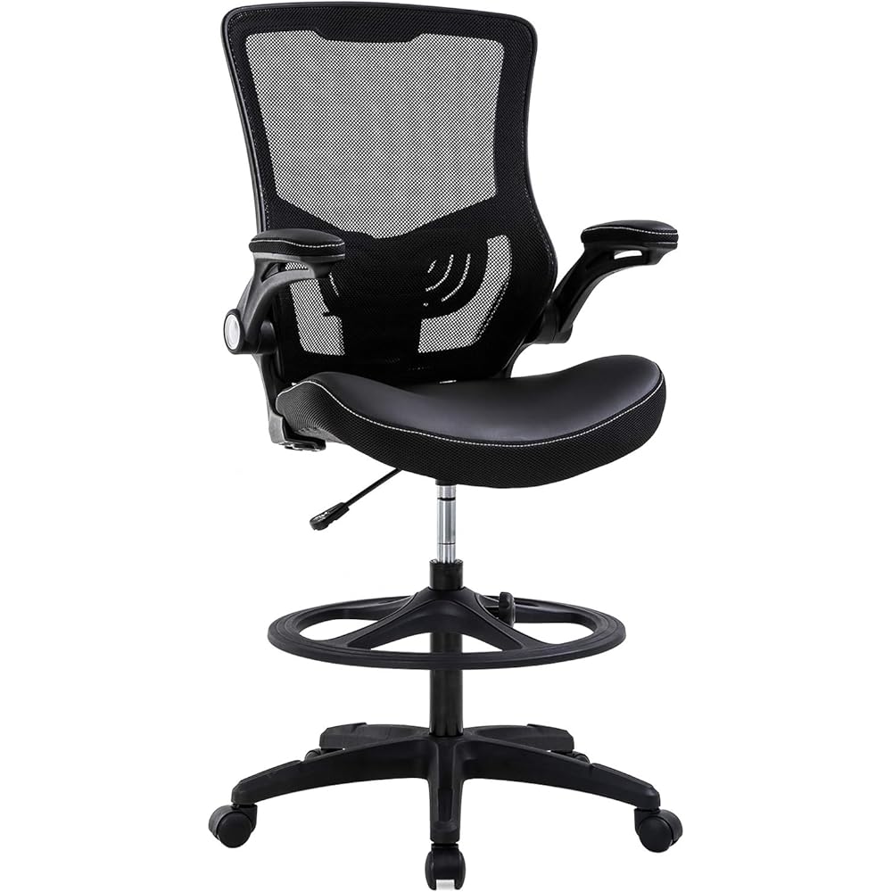 Drafting Chair Ergonomic Tall Office Chair Standing Desk Chair with Flip Up Arms Foot Rest Back Support Adjustable Height Mesh Drafting Stool, Black : Home & Kitchen