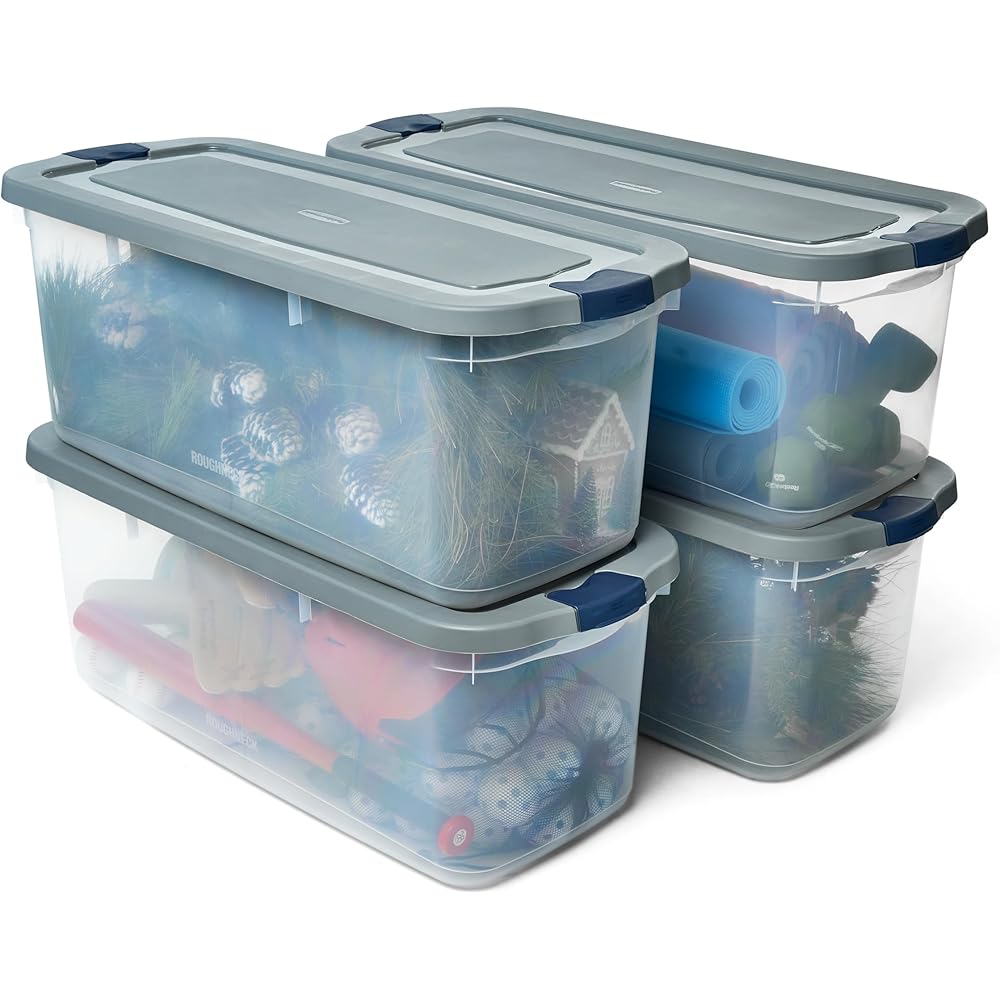 Rubbermaid Roughneck Clear 95 Qt/23.75 Gal Storage Containers, Pack of 4 with Latching Grey Lids, Visible Base, Sturdy and Stackable, Great for Storage and Organization : Health & Household