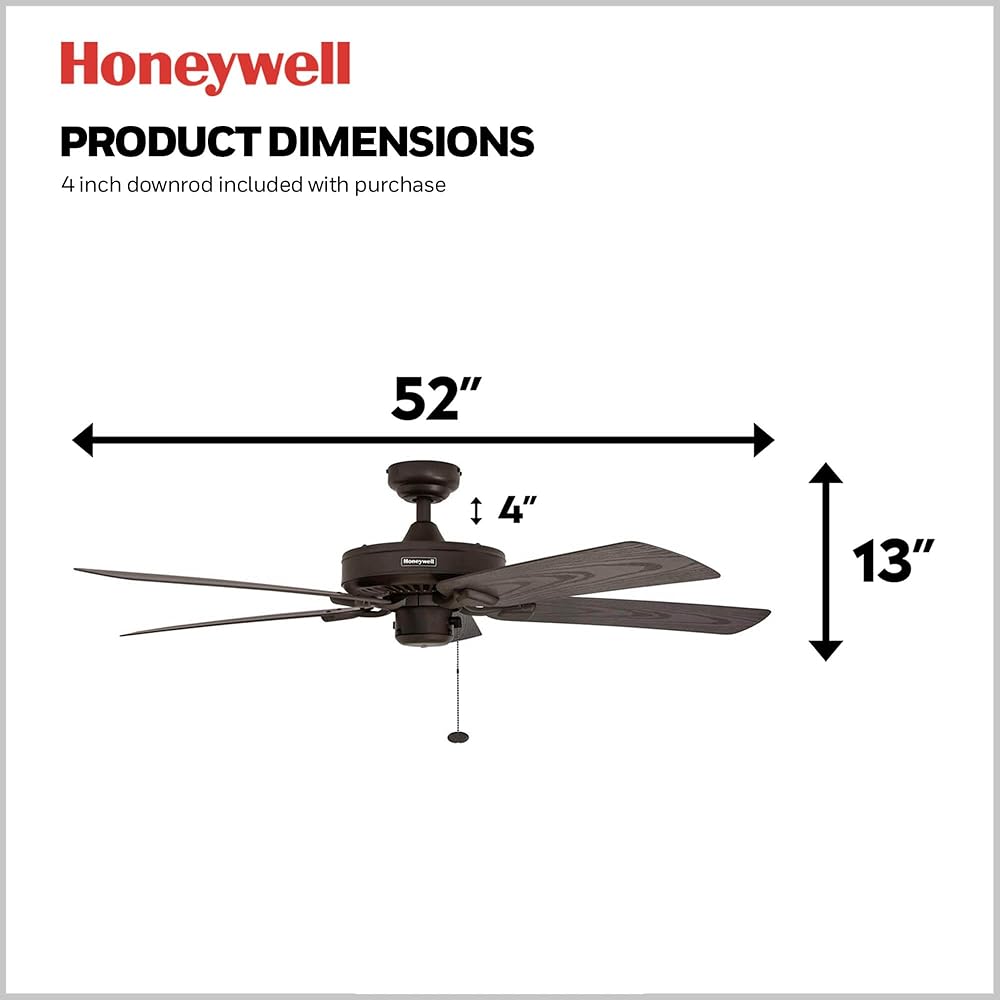 Honeywell Ceiling Fans Belmar 52 Inch Ceiling Fan Without Light, Outdoor Ceiling Fan with Pull Chain, Tri-Mount Traditional 5 Blade Design, ETL Wet Rated, Bronze (50199-01) -