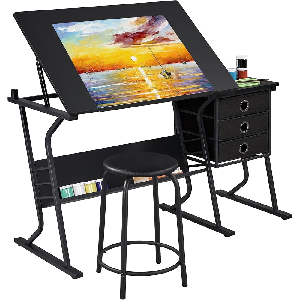 Yaheetech Drafting Table for Adults/Artists, Drawing Desk, Tabletop Adjustable Art/Craft Desk with Stool and 3 Slide Drawers, Sketching Painting Artwork Station for Art Studio Home Office School : Home & Kitchen
