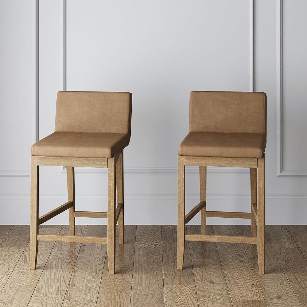 Nathan James Gracie Modern Counter Height Bar Stool with Back, Counter Stool Upholstered Chair with PU Leather and Brushed Wooden Legs, Light Brown, Set of 2 : Home & Kitchen