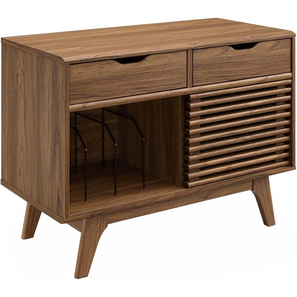Modway Render Mid-Century Modern Vinyl Record Storage Display Cabinet, 37 Inch, Walnut : Home & Kitchen