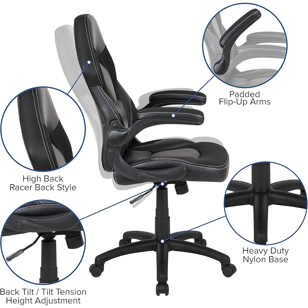 Flash Furniture X10 High-Back LeatherSoft Racing Style Gaming Chair with Flip-Up Arms, Ergonomic Padded Swivel Computer Chair, Black : Home & Kitchen