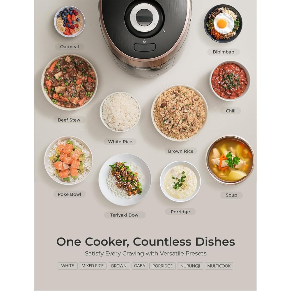 CUCKOO CRP-P0609S 6-Cup (Uncooked) / 12-Cup (Cooked) High Pressure Rice Cooker & Warmer with Nonstick Inner Pot, 12 Menu Options, Fuzzy Logic Tech, 3 Voice Guide, Auto Clean (Black/Copper): Home & Kitchen