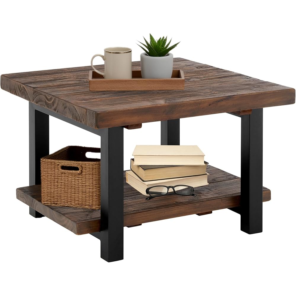 Pomona 27-Inch Rustic Square Coffee Table – Solid Pine Wood with Natural Weathered Finish and Industrial Metal Legs – Small Space Living Room Accent by Alaterre Furniture