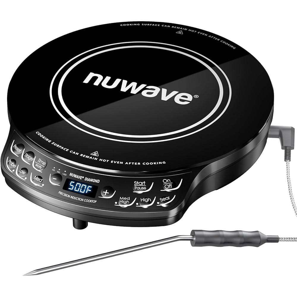 Nuwave Portable Induction Cooktop Diamond with Probe, Advanced Countertop Burner, 91 Temps from 100°F to 500°F, 12”Shatter-Proof Ceramic Glass & 6.5”Heating Coil, Ideal for RV Camp,Small Apt,Travel: Home & Kitchen