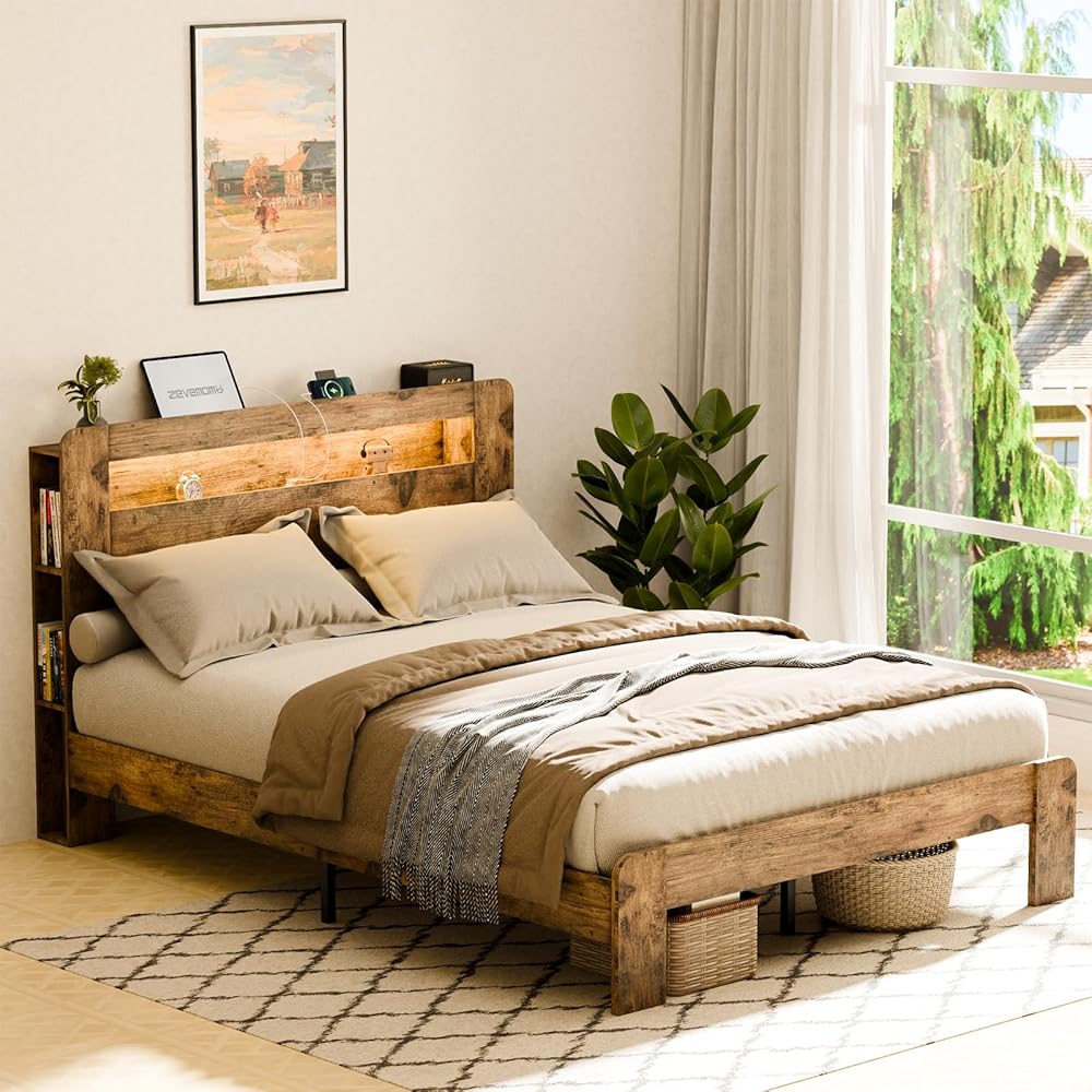 Zevemomo Full Size Bed Frame with LED Lights, Full Bed Frame with Headboard, Charging Station with 2 USB Ports & 2 AC Outlets, Sturdy Wood Framework, No Noise, Rustic Brown (Rectangular Slot) : Home & Kitchen