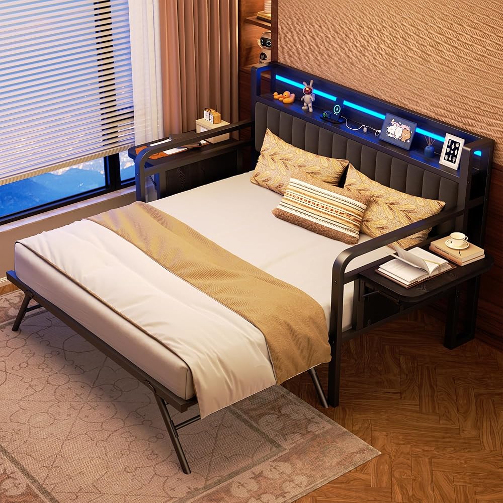 Daybed with Trundle and LED Light, Heavy Duty Metal Twin Bed Frame with Upholstered Storage Headboard & Charging Station, Day Bed Pop Up Trundle Bed Twin for Living Room,Bedroom and Guest Room (Black) : Home & Kitchen