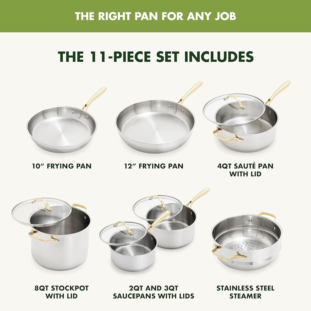 GreenPan 11 Piece Stainless Steel Cookware Set, Induction Ready, Tri-Ply Multiclad Pots & Pans with Lids, Compatible on All Cooktops, Measurement Markings, Dishwasher & Oven Safe, Swift, Gold Handles: Home & Kitchen