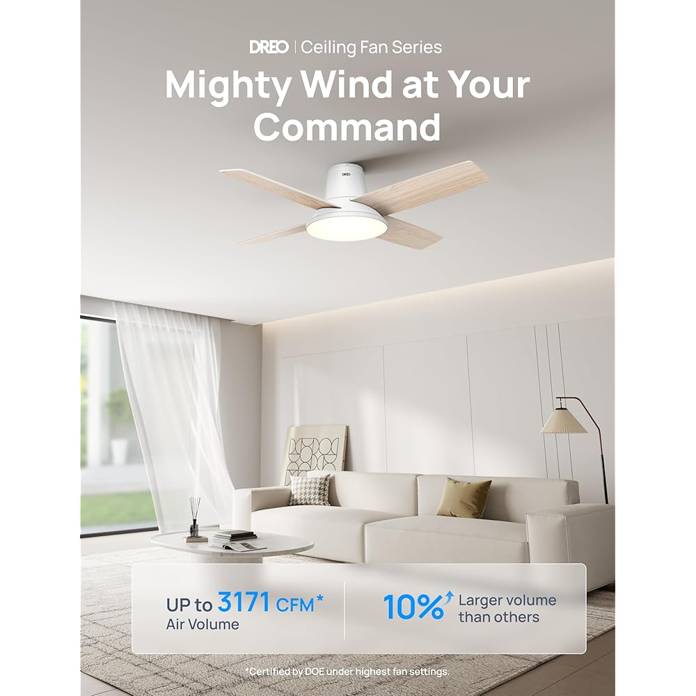Dreo Ceiling Fans with Lights, 12 Speeds & 3 Fan Modes, Quiet DC Motor, Low Profile Easy to Install, Flush Mount Smart Ceiling Fan with Dimmable LED, 12H Timer for Bedroom, Remote, White, 44'' -