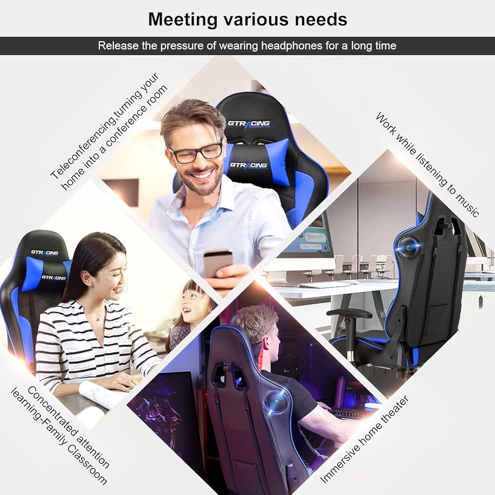 GTRACING Gaming Chair with Speakers Bluetooth Music Video Game Chair Audio Ergonomic Design Heavy Duty Office Computer Desk Chair（Blue） : Home & Kitchen