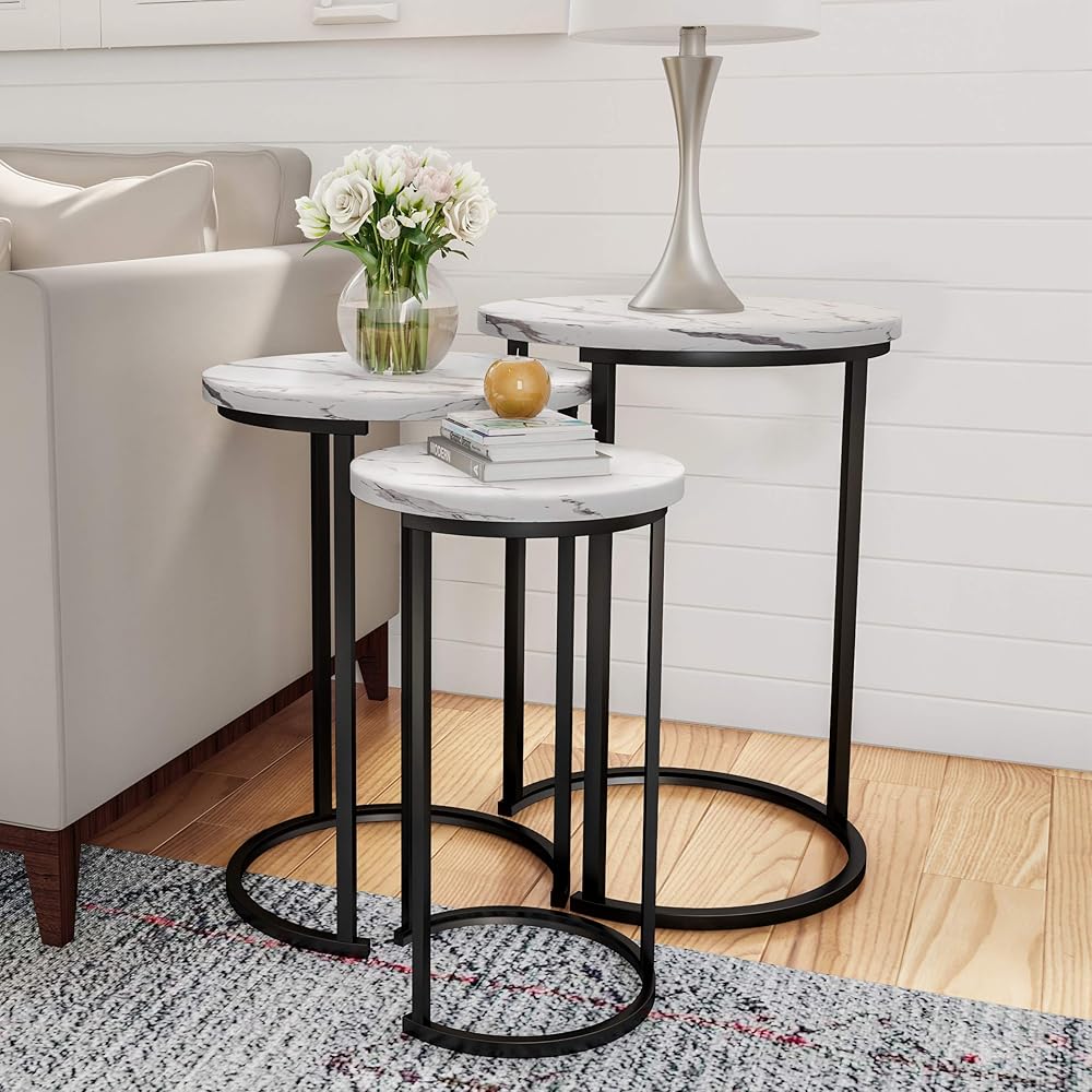 Lavish Home Nesting Tables - Set of 3 Round Side Tables for Living Room, Bedroom, or Home Office - Faux Marble End Table Set - Modern Living Room Furniture (White) : Home & Kitchen