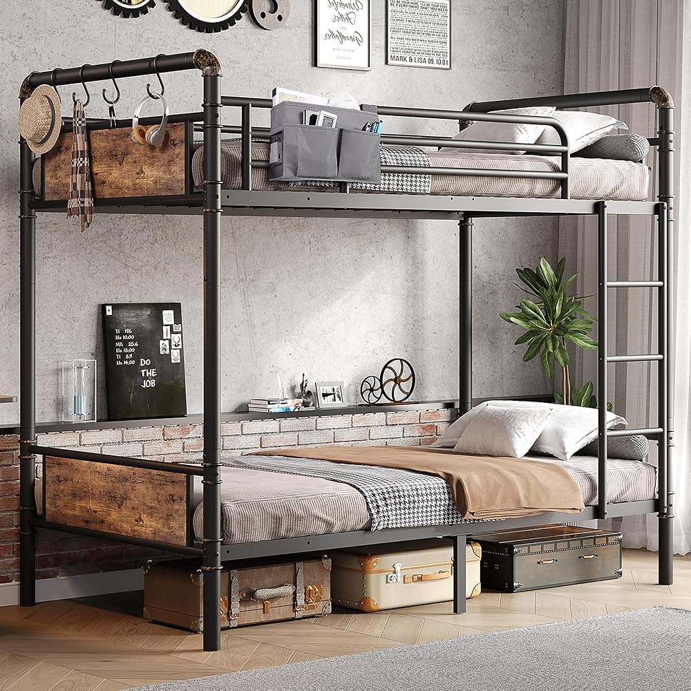 Jocoevol Metal Bunk Bed Twin Over Twin, Industrial Bunkbeds Heavy Duty Bed with Safety Guard Rails and Space-Saving Design, Steel Bed for School, Bedroom (Vintage Brown) : Home & Kitchen