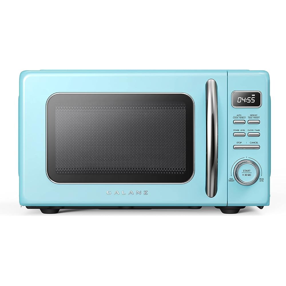 Galanz GLCMKZ09BER09 Retro Countertop Microwave Oven with Auto Cook & Reheat, Defrost, Quick Start Functions, Easy Clean with Glass Turntable, Pull Handle, 0.9 cu ft, Blue : Home & Kitchen