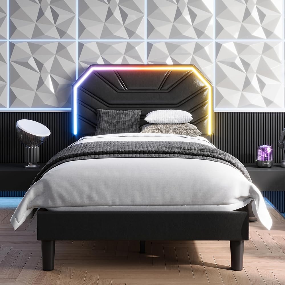 LIKIMIO Twin Bed Frames with Lighted Headboard, Upholstered Modern Cama Twin Platform Bed with Heavy Duty Supports, No Box Spring Need, Noise Free, Easy Assembly, Black : Home & Kitchen