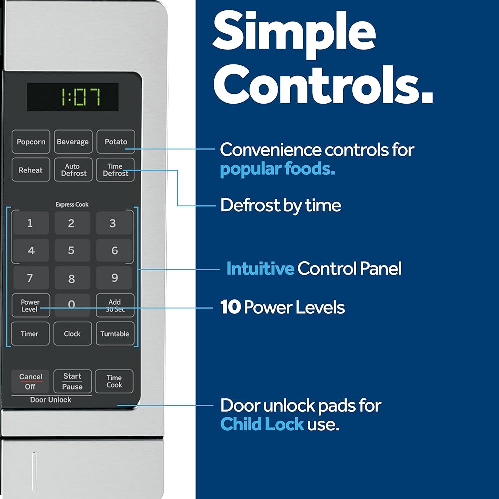 GE GCST07N1WSS Microwave Oven, 700-watt 6 Auto Cooking Settings, Child-Lock Technology, Kitchen Essentials for The Countertop, Dorm Room or Apartment, 0.7 Cu. Ft, Stainless Steel : Home & Kitchen