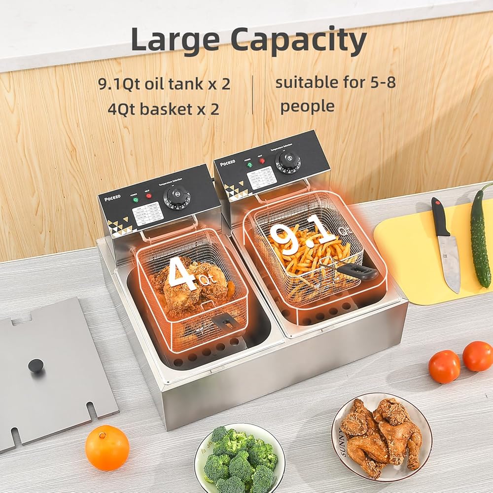 Electric Deep Fryer 17.2L/18.2QT Stainless Steel Dual Tank Commercial Fryer with Basket, 3400W 110V Countertop Deep Fryer for Home Kitchen and Restaurant Use with Oil Thermometer & Temperature Control: Home & Kitchen