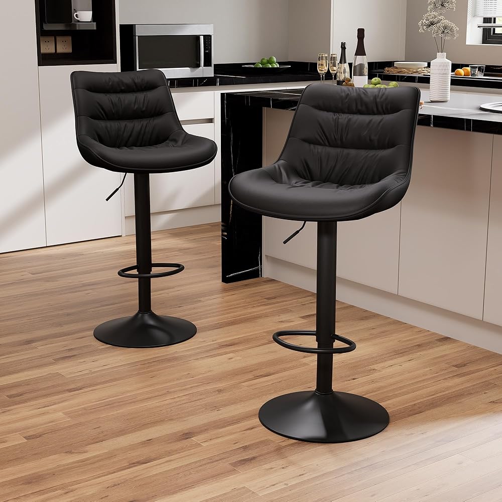 Kidol & Shellder Bar Stools Set of 2, Swivel Adjustable Counter Height Stools with Back, PU Leather Upholstered Modern Bar Chairs for Kitchen Island (Black) : Home & Kitchen