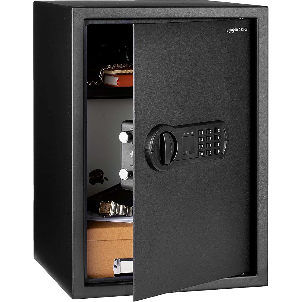 Amazon Basics Steel Home Security Electronic Safe with Programmable Keypad Lock for Documents, Jewelry, Valuables, 1.8 Cubic Feet, Black, 13.8