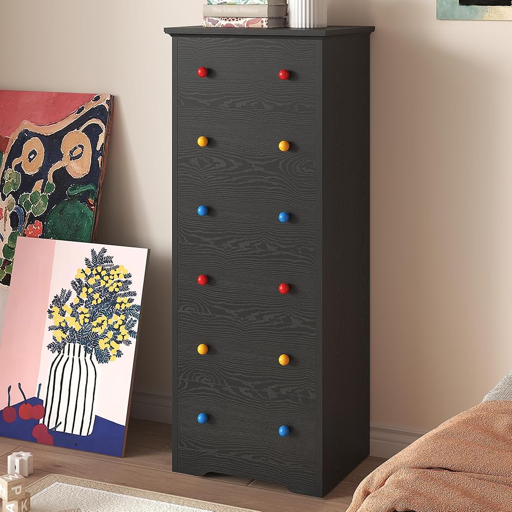 LIKIMIO Tall Skinny Dresser, 6 Drawer Dresser Tall with Colorful Handles, Chest of Drawers for Bedroom, 51.5