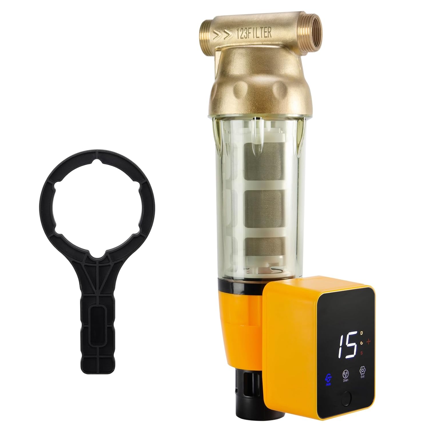 iSpring WSP50ARB Spin Down Sediment Water Filter, Reusable with Touch-Screen Auto Flushing Module and Built-in Housing Scraper, Brass Top Clear Housing, 50 Micron -