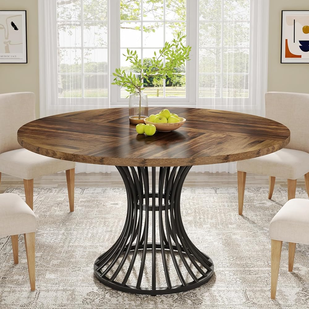 - Tribesigns Round Dining Table for 4-6 People, 47-Inch Farmhouse Dinning Room Circle Kitchen Table, Industrial Dinner Table with Metal Base for Kitchen, Living Room, Black and Brown - Tables
