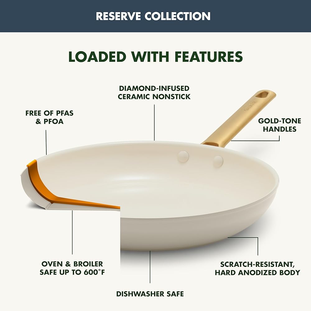 GreenPan 3 Piece Frying Pan Set, Induction Compatible 8” 10” & 12” Skillets, Ceramic Nonstick PFOA & PFAS-Free, Hard Anodized, Gold Handles, Dishwasher and Oven Safe, Navy, Taupe, Cream: Home & Kitchen
