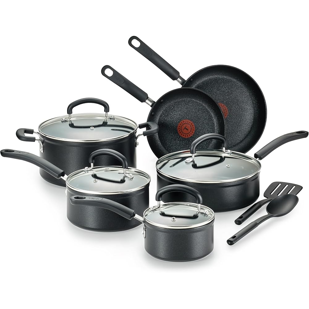 T-fal Advanced Nonstick Cookware Set 12 Piece, Oven Broiler Safe 350F, Kitchen Cooking Set W/Fry Pans, Saucepans, Deep Saute, Dutch Oven & Kitchen Utensils, Pots and Pans, Dishwasher Safe, Black: Home & Kitchen