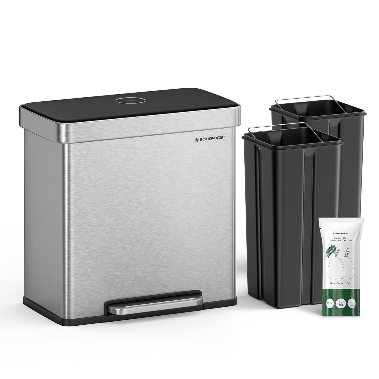 SONGMICS Kitchen Trash Can, 16 Gallon (2 x 8 Gallon) Dual Compartment Garbage Can, 60L Pedal Recycling Bin, Stays Open and Soft Close, Stainless Steel, 15 Bags Included, Metallic Silver ULTB202E01 : Industrial & Scientific