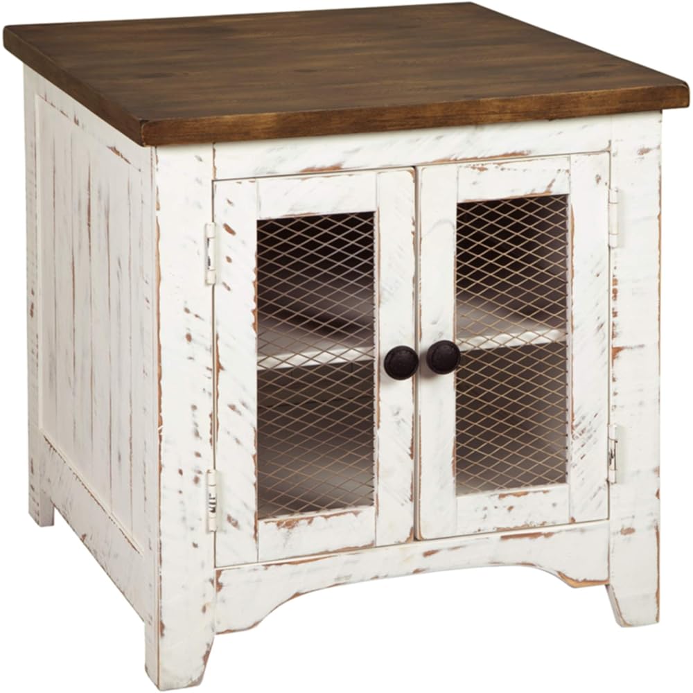 Signature Design by Ashley Wystfield Farmhouse End Table with Storage, Distressed White & Brown Finish : Home & Kitchen