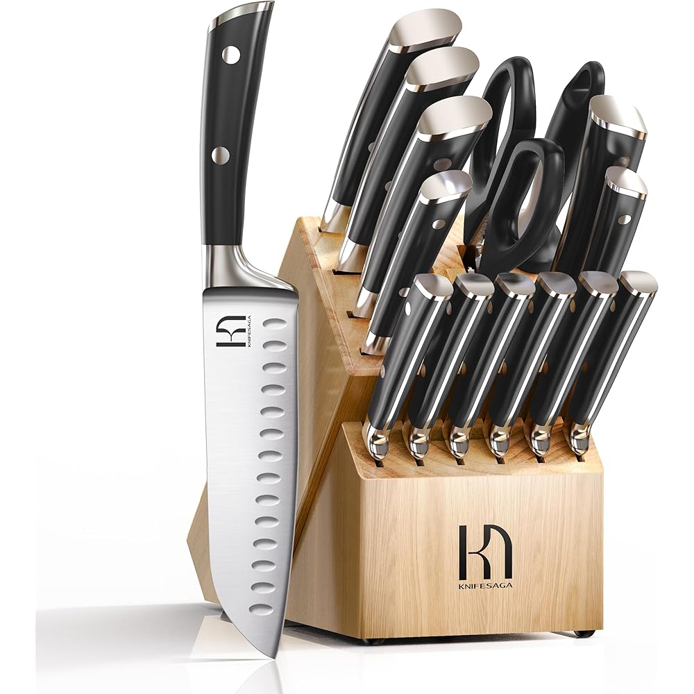 KnifeSaga Knife Set with Block Premium, Japanese 15 Piece Ultra Sharp High Carbon Stainless Steel Kitchen Knives set with Sharpener, Professional Knife Block Set with Ergonomic Handle for Home Chefs: Home & Kitchen