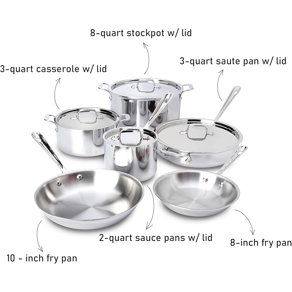 All-Clad D3 3-Ply Stainless Steel Cookware Set 10 Piece, Induction, Oven Broiler Safe 600F, Kitchen Cooking Set w/ Frying Pans, Saucepans, Saute Pan, Stockpot and Soup Pot, Pots and Pans, Silver: Home & Kitchen