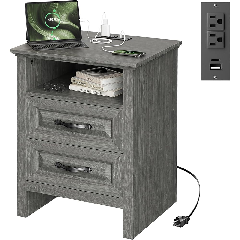 Marsail Farmhouse Nightstand with Charging Station, Bedside Table with 2 Drawers Storage and Open Shelf, Bedside Cabinet for Bedroom, Rustic Side Table, Gray