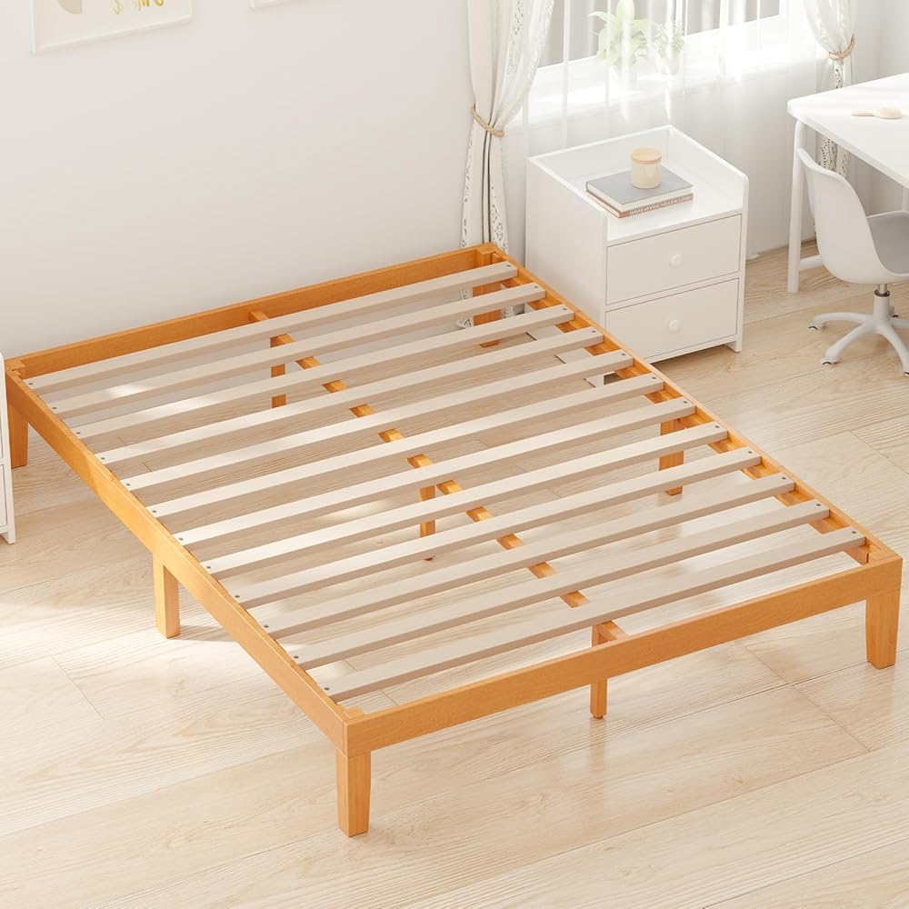 DUMOS Wood Bed Frame Full Size, 12in Wooden Platform Bed Frame Mattress Foundation with Support Slats, No Spring Needed, Storage Space Under Base, Easy Assembly, Pine : Home & Kitchen