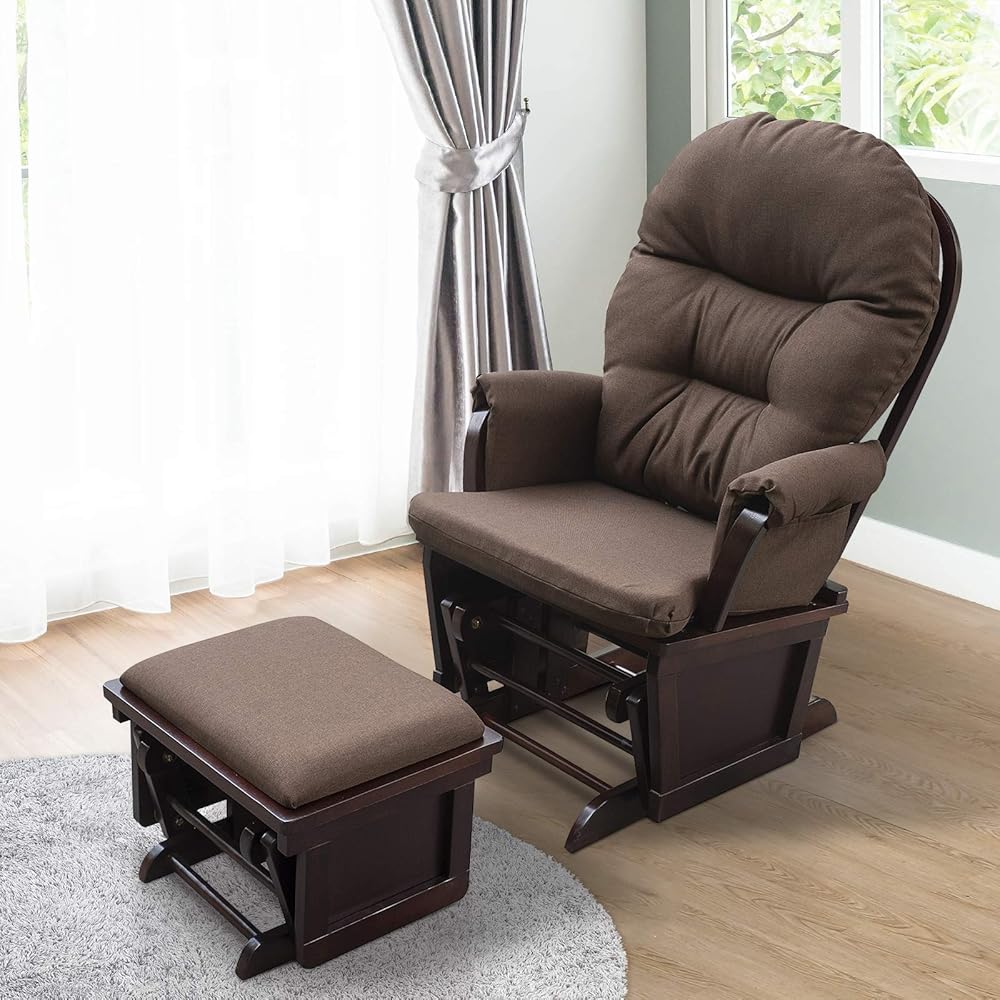 HOMCOM Nursery Glider Rocking Chair with Ottoman, Thick Padded Cushion Seating and Wood Base, Brown : Baby