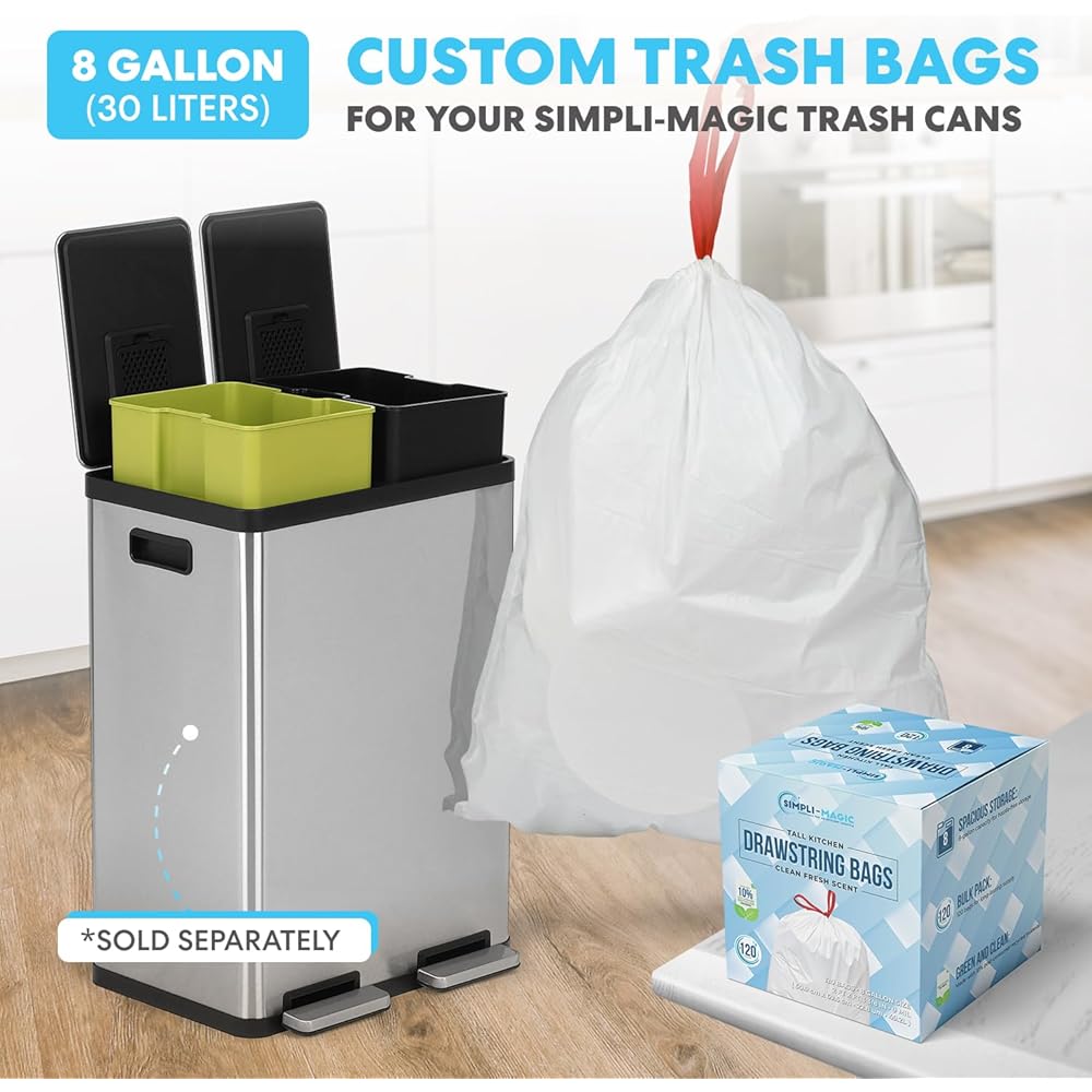 SIMPLI-MAGIC 16 Gallon (60L) Elegant Black Step Trash Can – Dual Compartment Kitchen Garbage Can with Waste & Recycling Bins – Slow-Close Lid, Odor Control, Hands-Free, Premium Stainless Steel
