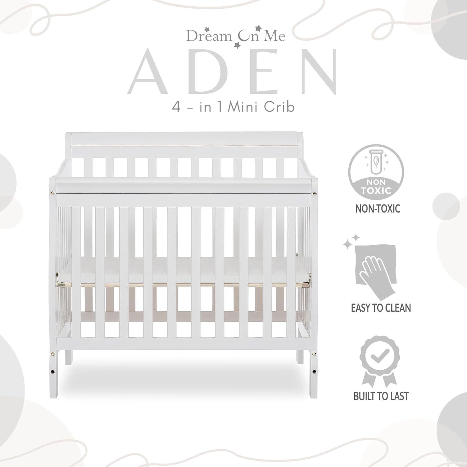 : Dream On Me Aden 4-in-1 Convertible Mini Baby Crib in White, GreenGuard Gold & JPMA, Sustainable Pinewood, Non-Toxic Finish, 3-Levels, Converts to Mini Day & Twin-Size Bed (Rail Sold Separately) : Baby