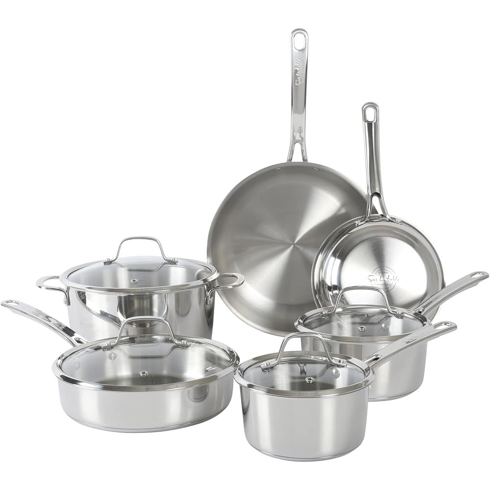 Sur La Table Kitchen Essentials Chef's Deck 10 Piece Stainless Steel Non Toxic Pots and Pans Kitchen Cookware Set w/Triply Encapsulated Base - Induction Safe: Home & Kitchen