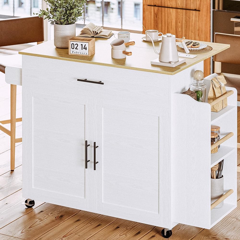 IRONCK Kitchen Island with Storage, Rolling Kitchen Island on Wheels with Drop Leaf, 3 Open Spice Rack Shelf, Door Cabinet, Drawer, Kitchen Cart Island Table for Kitchen, White : Home & Kitchen