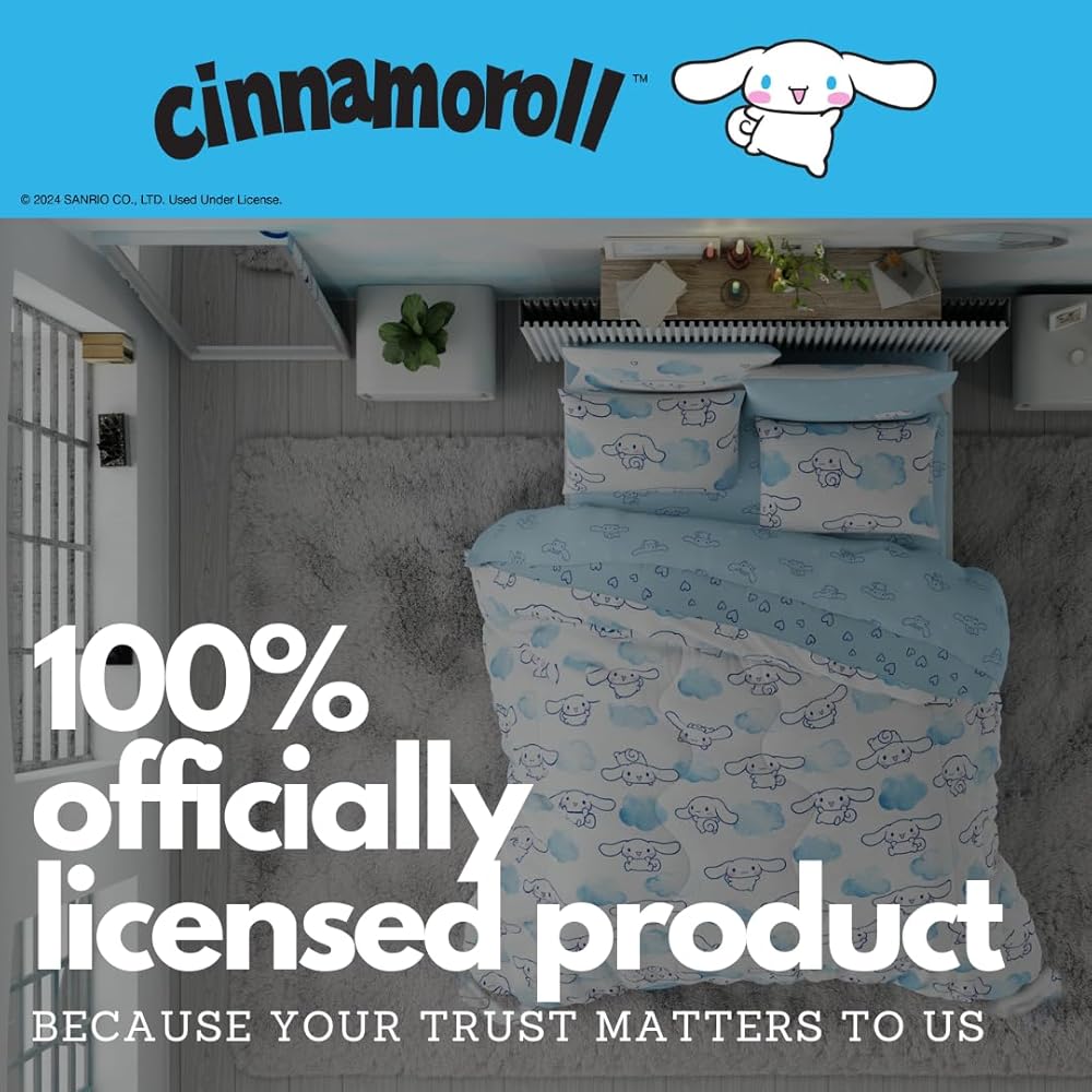 Franco Cinnamoroll Bedding 7 Piece Super Soft Cozy Reversible Comforter and Sheet Set with Sham, Queen, (100% Official Licensed Product) : Home & Kitchen