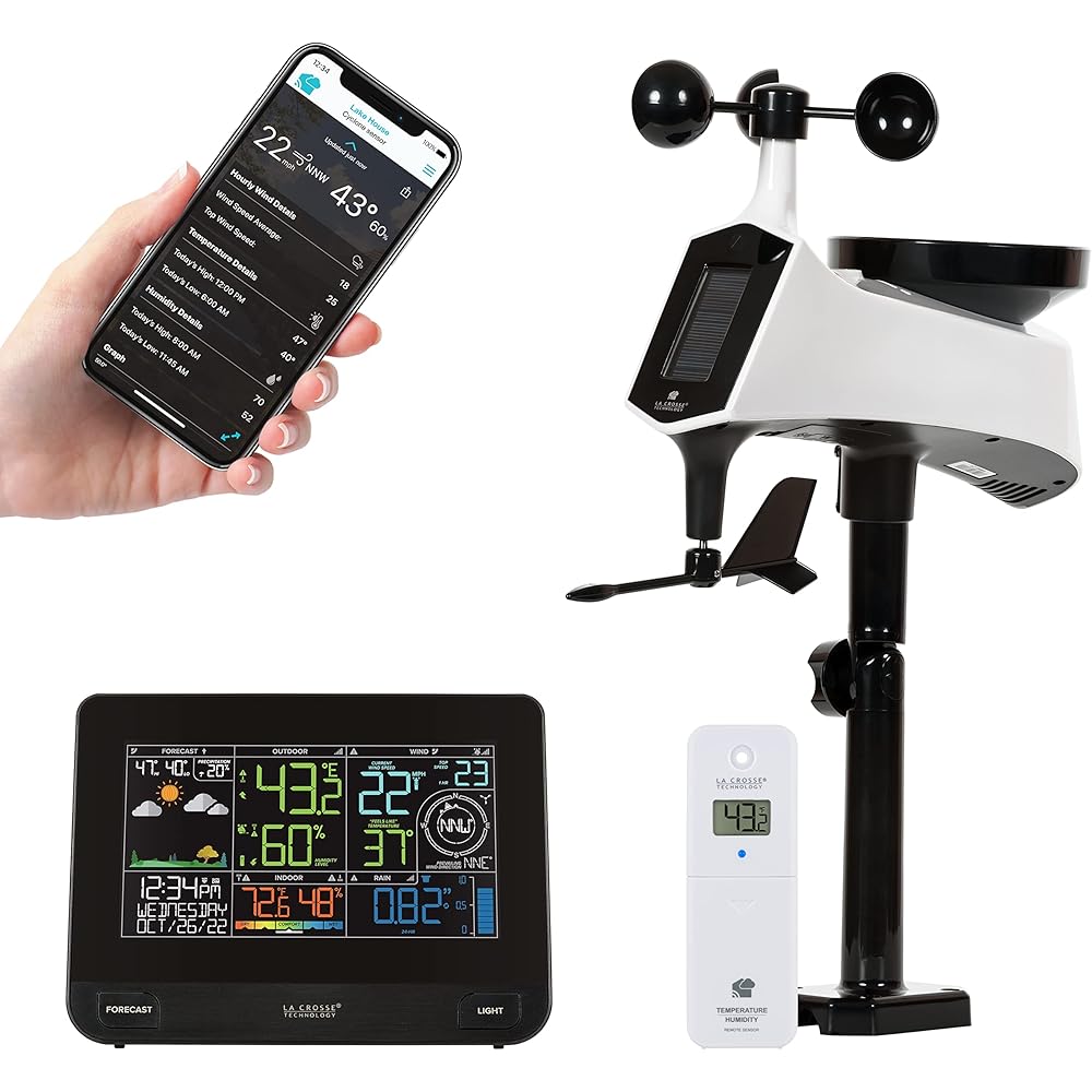 La Crosse Technology Professional Smart Wi-Fi Weather Station with Remote Monitoring (400 Foot Range), Wind and Rain Gauges, Temperature and Humidity Sensors, and Forecasting - V42-PRO-INT : Patio, Lawn & Garden