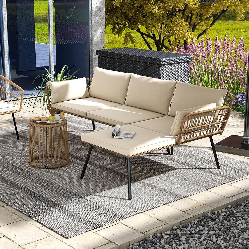 DWVO Patio Furniture Set 3 Piece Outdoor Wicker Conversation Set with Detachable Cushions and Coffee Table L-Shaped Sectional Sofa Set Outdoor Furniture Set for Backyard Porch Deck - Beige : Patio, Lawn & Garden